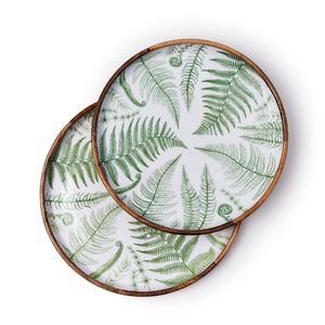 Wholesale Handcrafted <b>Round</b> Wood Enamel <b>Tray</b> Set Bulk Serving Platter Elegant Transfer Sheet Fern Print Dining Tableware - Product Image 2
