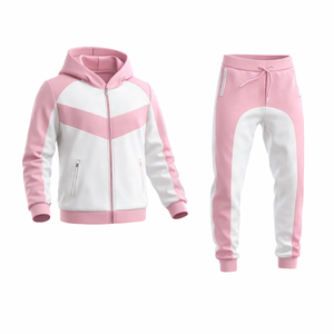 Ensemble de survêtement unisexe rose et blanc – Veste à capuche zippée avec pantalon de jogging, tenue de sport décontractée coupe ajustée pour la gym et le fitness - Product Image 1