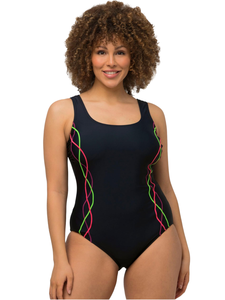 Maillot de bain une pièce noir pour femme avec bandes latérales néon, col carré, extensible, design contrastant - Product Image 4
