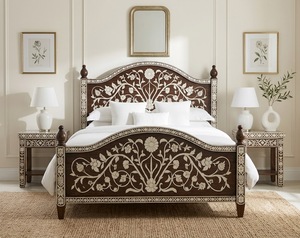 Traditional Solid Wood Bunk <b>Bed</b> <b>Frame</b> with Carved Floral Inlay King/<b>Queen</b> <b>Size</b> Platform <b>Bed</b> for Bedroom - Product Image 1