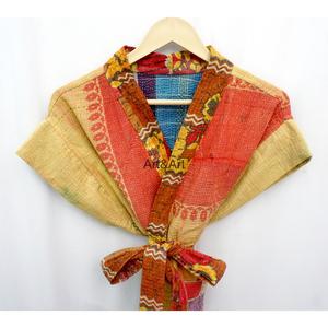 Ladies Vintage Kantha Handwork Luxury Premium Quality Quilted <b>Jacket</b> <b>Short</b> <b>Sleeve</b> V-neck Belt Closure 100% Cotton Fabric - Product Image 4