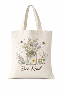 Eco Friendly Cotton <b>Canvas</b> <b>Tote</b> Bag With Floral Bee Print Reusable Shopping Grocery Carry Bag With Long Handle - Product Image 1