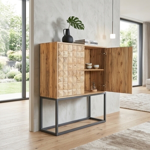 Dice Tall Storage Drawers Home Organization Solid Wood Organizer <b>Cart</b> With 3D Geometric Carved Doors And A Black Metal Base Unit - Product Image 2