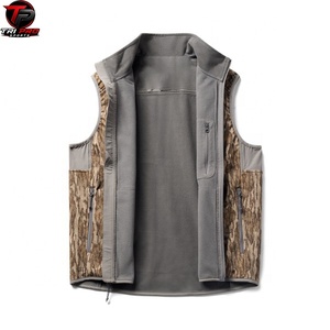 Men Outdoor Softshell <b>Utility</b> <b>Vest</b> High Neck Stand Collar Full Zip Grey Contrast Patch Chest Zipper Pocket Tree Bark Print <b>Vest</b> - Product Image 3