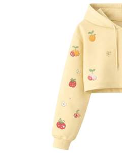 Custom Women Butter Yellow Crop Hoodie Shorts Set Fruit Print Casual Two Piece Outfit Cotton Fleece Lounge Wear Custom Wholesale - Product Image 3