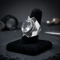 Bague Statement en Argent Sterling 925 avec Cristal, Quartz Clair Naturel, Faite à la Main, Bijoux Vintage, Mode Homme Femme, Vente en Gros