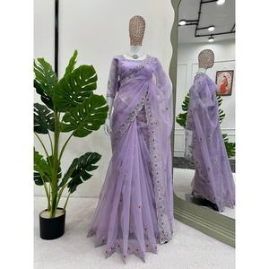 ATRACTIVE ORGANZA HILO DE SECUENCIA Y TRABAJO DE SECUENCIA SAREE CON BLUSA COSTADA LAVANDA - Product Image 1
