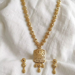 Women's Brass 18K Gold Plated Turkish Long Haram Necklace <b>Set</b> Lock Design Bridal Traditional Wedding Engagement Party - Product Image 1