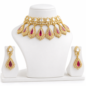 ชุดสร้อยคอทองคำขาว 925 ชุบทอง ประดับด้วย Kundan สีแดง ดีไซน์ Polki สำหรับผู้หญิง เหมาะสำหรับงานแต่งงาน งานเลี้ยง และเป็นของขวัญ - Product Image 5