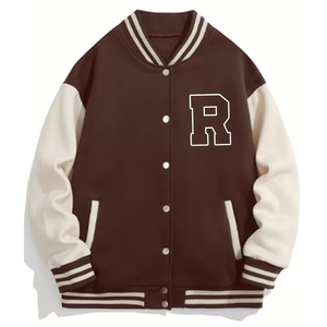 Veste universitaire marron tendance avec manches blanches, logo lettre R, col rabattu, manches longues, pour l'automne – Prix de gros - Product Image 1