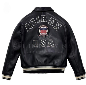 Blouson bomber Avirex rouge en cuir véritable imperméable à col montant avec logo sur le devant pour l'hiver - Product Image 3