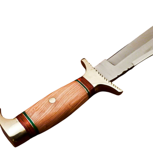 Cuchillo de caza Bowie hecho a mano de acero D2 con mango de madera de olivo marrón, hoja fija plateada, funda de cuero, cuchillo para acampar al aire libre - Product Image 4