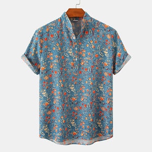 Camisa Casual de Manga Corta con Cuello en V y Estampado Floral Azul para Hombre, Corte Regular, Tejido de Sarga - Product Image 1