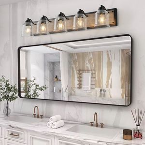 Lampada da parete per bagno stile rustico da 40 pollici a 5 luci con paralumi in vetro smerigliato trasparente e finitura in legno nero, design applique da parete - Product Image 3