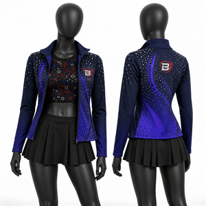Custom <b>Womens</b> Rhinestone Dance Warm Up Jacket Crop Top <b>Skort</b> Set Performance Cheer Teamwear OEM Manufacturer - Product Image 1