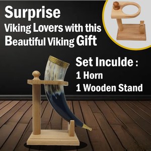 Corne à boire viking en corne de buffle naturelle avec support en bois, imitation antique sculptée, tasse médiévale rustique - Product Image 1
