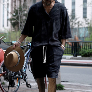 Nouvel ensemble d'été pour homme, costume décontracté ample, jacquard de haute qualité, col en V, manches courtes, shorts, vêtements en deux pièces - Product Image 4
