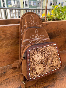 Boot Stitch Hand-tooled Tan Suede Leather Chest Bag con mochila Western Genuine Leather Floral Crossbody Sling Bags para mujer - Product Image 2