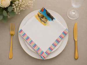 Serviette en coton de qualité supérieure avec bordure rayée multicolore et imprimé bateau côtier |   Serviette de table en coton imprimé pour la table à manger - Product Image 1