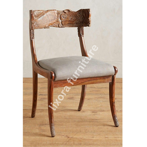 Luxury Handcrafted Solid Wood Dining Chair Ornate Fox Animal Carving Grey Fabric Upholstered <b>Seat</b> - Product Image 5