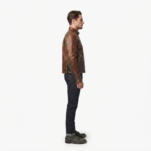 Blouson Moto Homme en Cuir de Cheval Style Café Racer Vieilli Cognac Sashiko Streetwear Étiquette Personnalisée OEM - Product Image 3