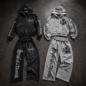Custom Logo Heavyweight Cotton French Terry Distressed <b>Zip</b> Hoodie Wide Leg Sweatpants Oversized Unisex Streetwear Tracksuit Sets - Product Image 5