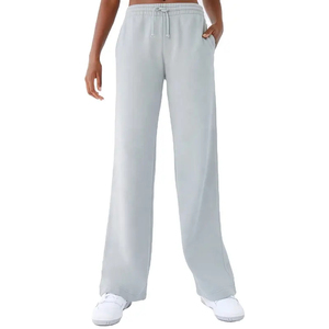 Women's Khaki Wide Leg Sweatpants Mid <b>Waist</b> Drawstring Loose Fit Full Length Solid Color Casual Autumn Wear 100% Cotton Knitted - Product Image 4