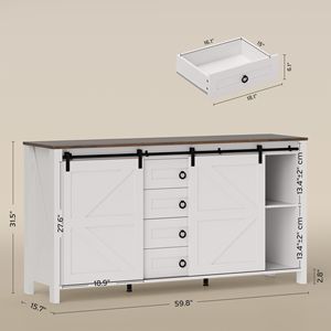 Credenza Rustica Bianco Crema con Porte Scorrevoli Stile Fienile e Ripiani Regolabili - Product Image 3
