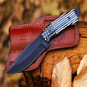 Black Fixed Blade Hunting Knife with Blue Black White American Flag Pattern Handle <b>Outdoor</b> Camping Survival Utility Knife - Product Image 6