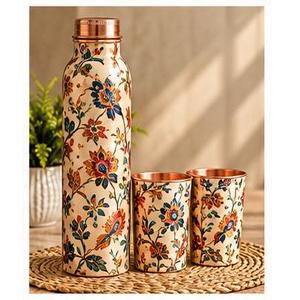Juego de Botella y Tazas de Agua de Cobre con Diseño Floral, Termo Portátil de Viaje - Product Image 1