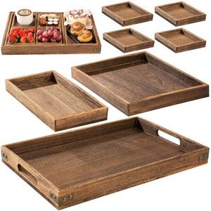 Wooden Storage Trays Rectangle <b>Rustic</b> Distressed Finish Multifunction Table Use Single Tier Drink Food Serving Tray Set - Product Image 1