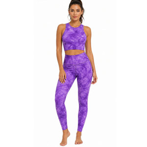 Ensemble de yoga 2 pièces pour femme, tie-dye violet, legging taille haute, crop top dos nageur à col rond, longueur intégrale, sans couture, en Spandex et Polyester - Product Image 3