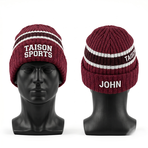 Premium 320 GSM Acrylic Knit Rugby <b>Beanie</b> Red Navy Striped Cuffed Design Custom Embroidery Logo Name - Product Image 2