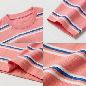 T-shirt décontracté élégant à rayures multiples, manches courtes, col rond, coupe classique confortable, pour tous les jours, été, unisexe, 100% biologique - Product Image 6
