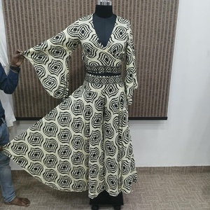 <b>Women</b> <b>Boho</b> Geometric Print V Neck Bell Sleeve Maxi <b>Dress</b> High Waist Loose Casual Floor Length Outfit - Product Image 2