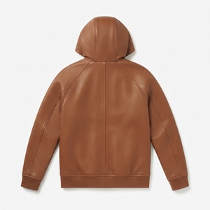 Men's Brown Real Leather Non-Hooded Stand <b>Jacket</b> Casual Winter Waterproof Breathable Zipper Closure Regular Fit Solid Color - Product Image 1