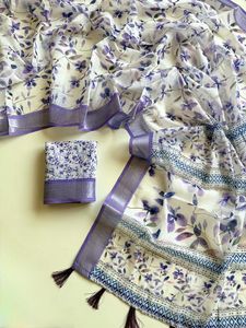 Sari en lin doux avec bordure tissée jacquard, imprimé numérique floral, chemisier imprimé – Tenue de soirée - Product Image 4