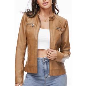 Chaqueta de Cuero Personalizada para Mujer, Chaqueta de Motociclista de Piel de Vaca o Cordero, Prenda Exterior Sólida, Abrigo de Motociclista de Cuero Sintético - Product Image 2