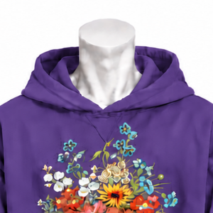 Sudadera con Capucha Morada con Estampado Floral de Ramo de Flores, Estilo Oversize Casual con Bolsillo Canguro, Ropa de Moda Urbana - Product Image 3