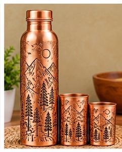 Aesthetic Handmade Copper Water Bottle Set with <b>2</b> <b>Cups</b> Glossy Leaf Grid <b>Flask</b> with Lid Portable Travel Drinkware - Product Image 2