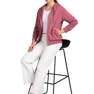 Sudadera con capucha de algodón liso teñido y personalizado para mujer, con hombros caídos, cremallera y logotipo a la moda - Product Image 6