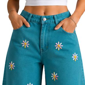 Vaqueros anchos de mujer con bordado floral en color verde azulado, de cintura alta, corte holgado, estilo baggy, pantalones de mezclilla informales para streetwear, personalizados OEM. - Product Image 5