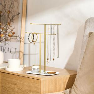 Présentoir à bijoux en métal haut de gamme à deux niveaux pour colliers et bracelets avec plateau – Design élégant pour rangement de vanité - Product Image 1