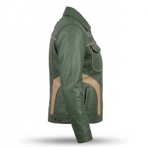 <b>Womens</b> Green Leather Trucker Jacket Vintage Contrast Trim Biker Coat Snap Button Turndown Collar Casual <b>Outerwear</b> Apparel - Product Image 3
