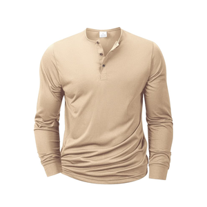 T-shirt Henley à manches longues pour homme en lin/coton, anti-plis, col montant, col en V, streetwear, écologique, couleur unie, décontracté - Product Image 1
