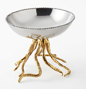 Bol en métal artisanal haut de gamme avec base en branches dorées et intérieur argenté poli, idéal pour servir des aliments lors de fêtes ou comme centre de table décoratif. - Product Image 1