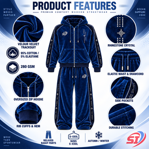 SAAJAN Premium Ocean Sapphire Code 280 GSM 100% Cotton <b>Velour</b> Velvet Rhinestone Crystal <b>Tracksuit</b> Hoodie Baggy Pants Luxury - Product Image 5