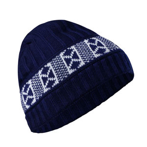 Unisex <b>Navy</b> Blue Knitted Beanie <b>Hat</b> With White Geometric Pattern 100% Acrylic Winter Casual Wear for Adults 56-58CM - Product Image 5