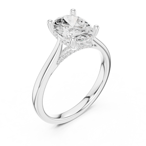 Anillo de compromiso y boda solitario de oro con corte ovalado, halo y gemas laterales redondas, para mujer, con montura de garras. - Product Image 3