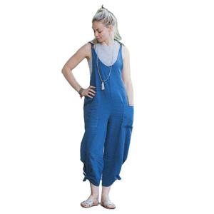 ใหม่ผู้หญิงElegantสีทึบข้อเท้าความยาวหลวมแขนกุดVคอผ้าลินินJumpsuitพร้อมกระเป๋า - Product Image 1